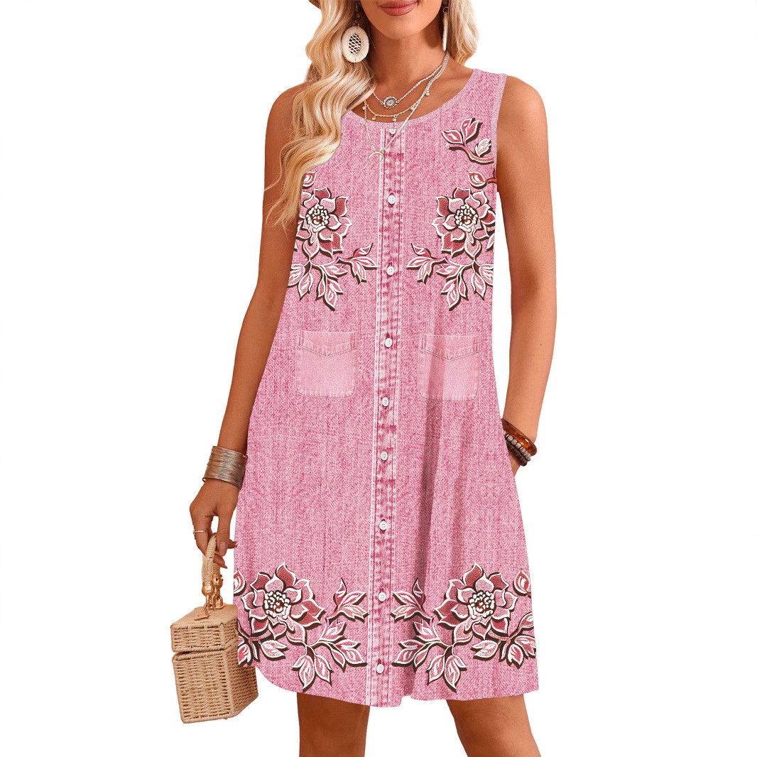 Sundress Midi Floral - Summer Woman Dress Round Neck Digital